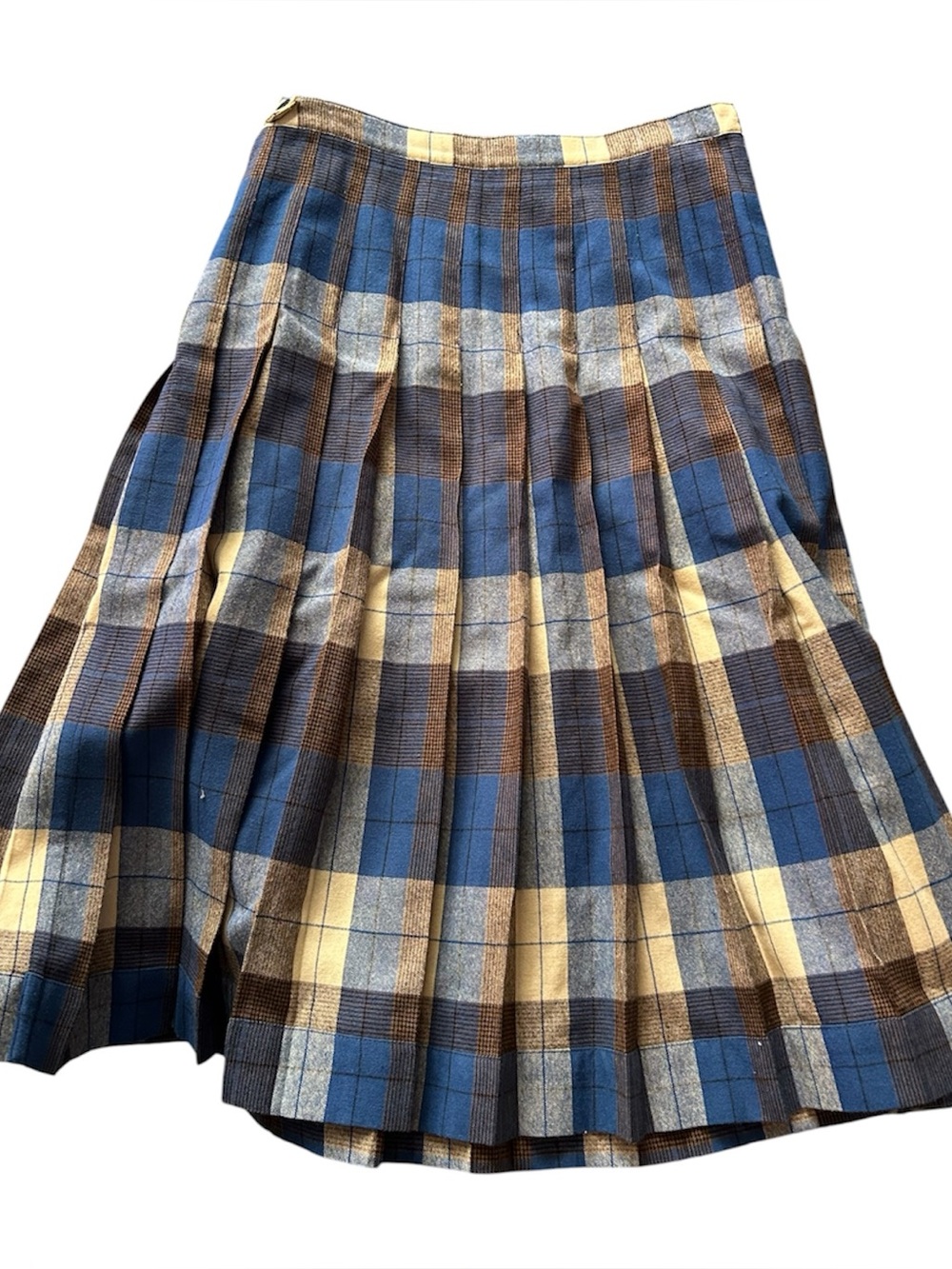Vintage Plaid Pleated Midi Skirt in Blue and Brown